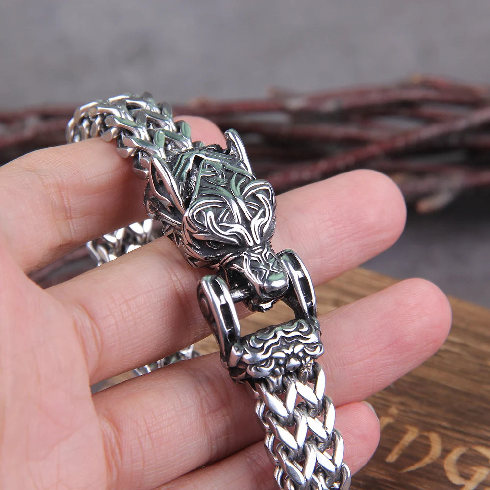 Never Fade Rock Viking Wolf Bracelet Men's Stainless Steel Mesh Chain Can Open Wolf Mouth Punk Bracelets Biker Jewelry