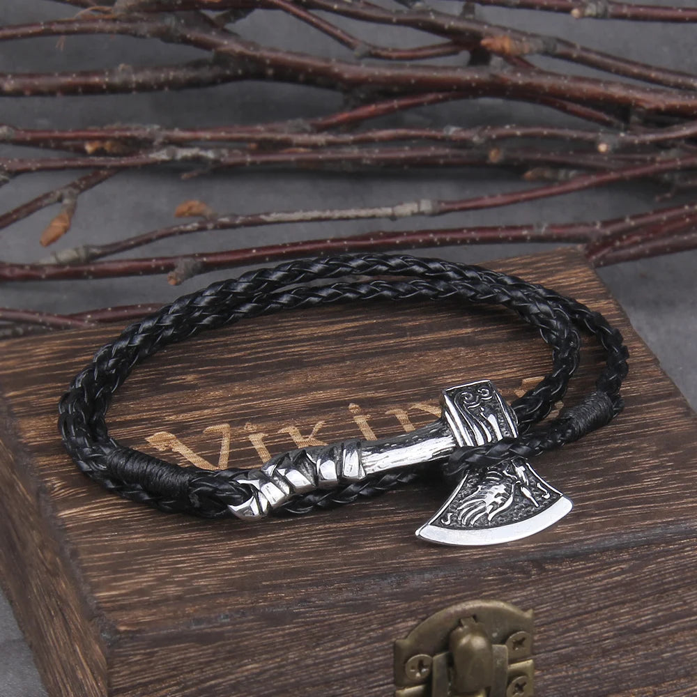 Nordic Viking Valknut Axe Amulet Charm Multilayer Leather Bracelet Bangle for Women & Men Jewelry Gift with wooden box