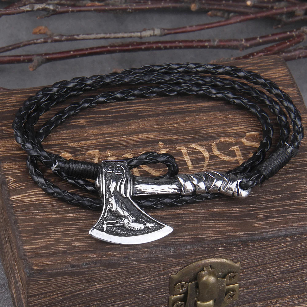 Nordic Viking Valknut Axe Amulet Charm Multilayer Leather Bracelet Bangle for Women & Men Jewelry Gift with wooden box